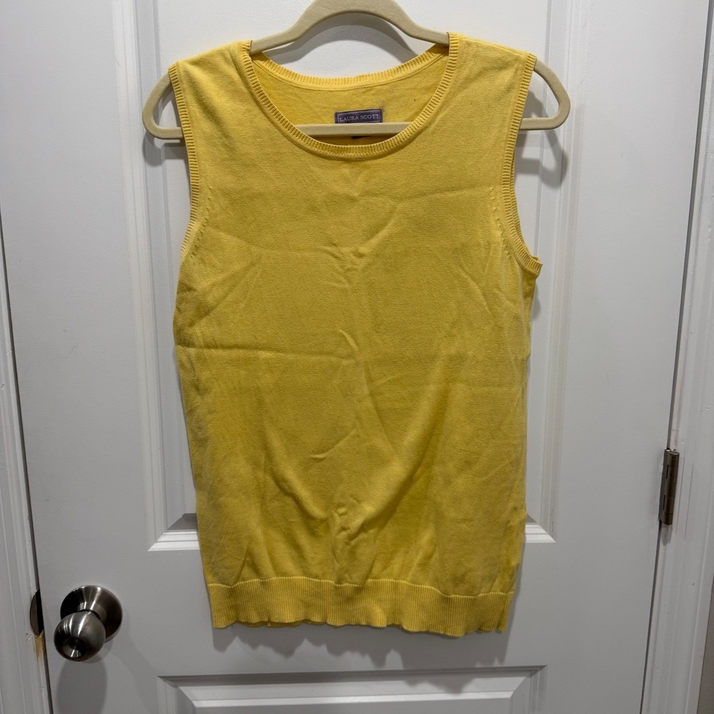 Laura Scott Women Sweater Vest Yellow Cotton Knit Size L